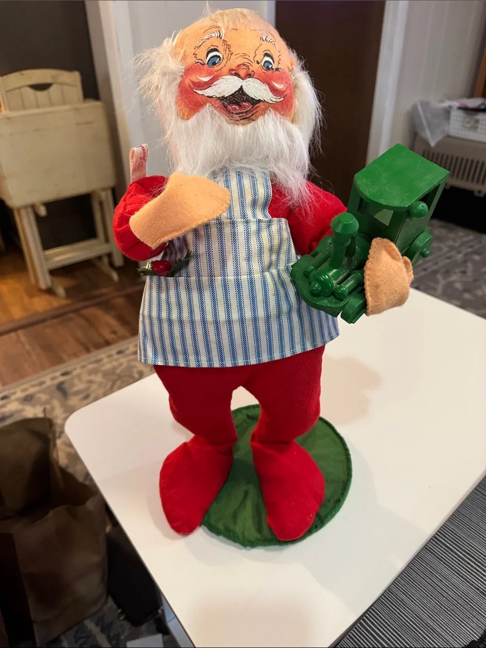 Annalee Red Santa Doll with Blue-Striped Apron and Green Toy Train